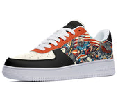 White sneakers with a black and orange base and a design featuring a football player, an eagle, and an American flag. 