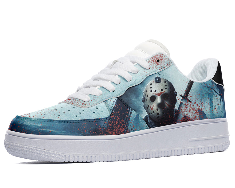 Sneaker with a graphic design of a character holding a knife on a light blue background