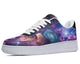 A pair of shoes with a design of a galaxy on the sides. The shoes are white with black and purple accents.