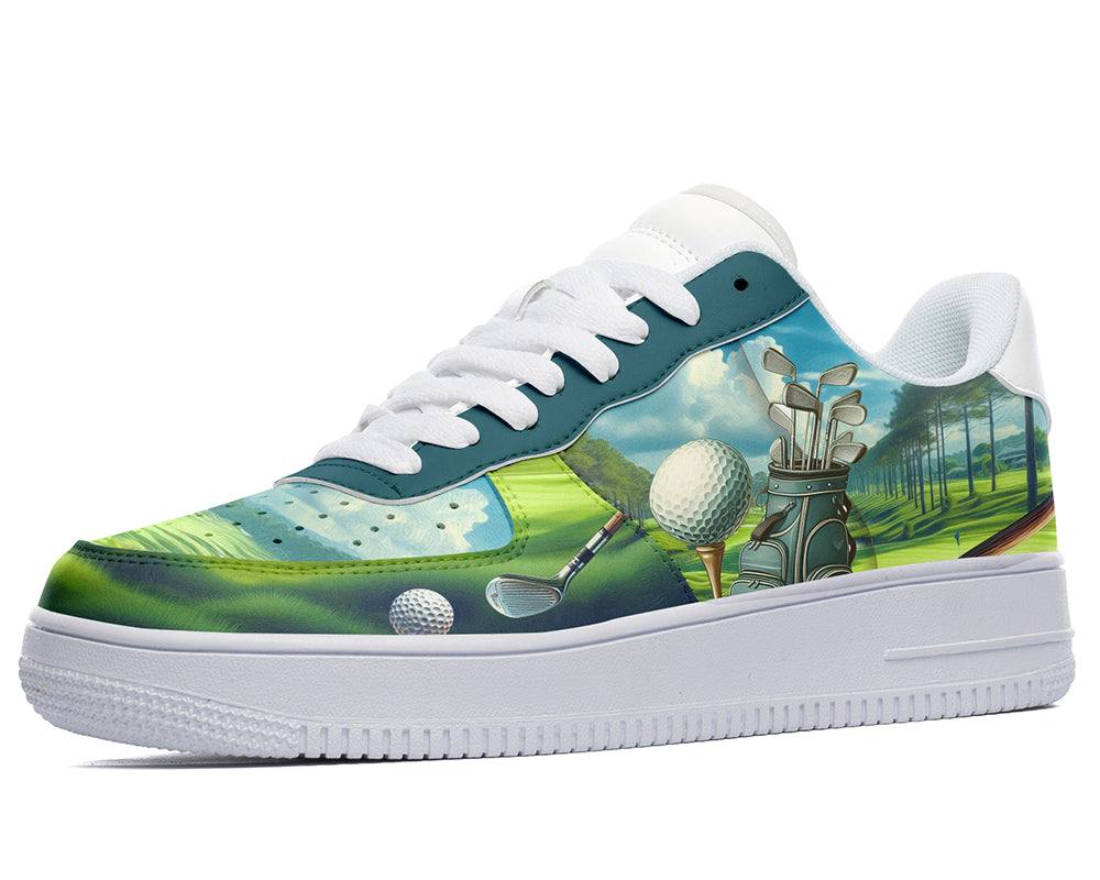 Court sneakers featuring a golf course illustration with golf clubs, golf balls, and fairway-inspired artwork.