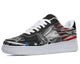 Black sneakers with an American flag design featuring a pistol, revolver, and rifle.