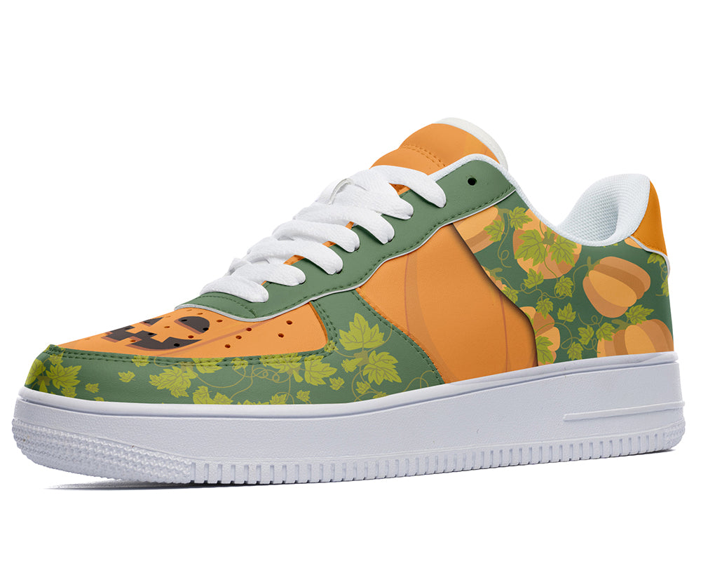 Jack-o-Lantern graphic court sneaker with green background and orange pumpkin patterns