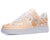 A pair of shoes with a pattern of cartoon hamsters in various poses on a light pink background.