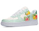 A white sneaker with a tropical floral pattern on the sides.