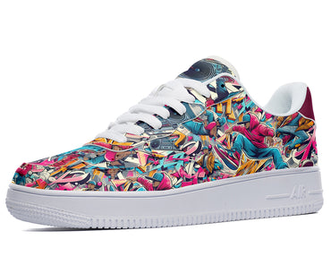 White sneakers with a colorful print of people breakdancing and graffiti. 