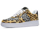 A low-top sneaker with a white sole and a black toe. The body of the shoe is covered in a realistic leopard print pattern in shades of brown, black, and gray.