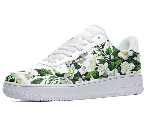 Custom Kiks Jasmine Sneakers_white flowers with green leaves 