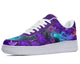 A purple sneaker with a white sole and white laces. The sneaker has a colorful design of jellyfish, coral, and other sea life on the upper.