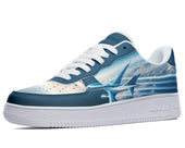 Blue sneakers with a design of a plane flying through the clouds. 