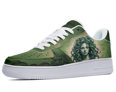 A green sneaker with a white sole and laces. The body of the shoe features a design of a woman with green hair made of snakes.