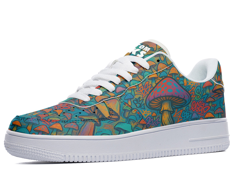 Custom Kiks Woodland Mushroom Sneakers, eye-poppling patterned sneaker on a white sole