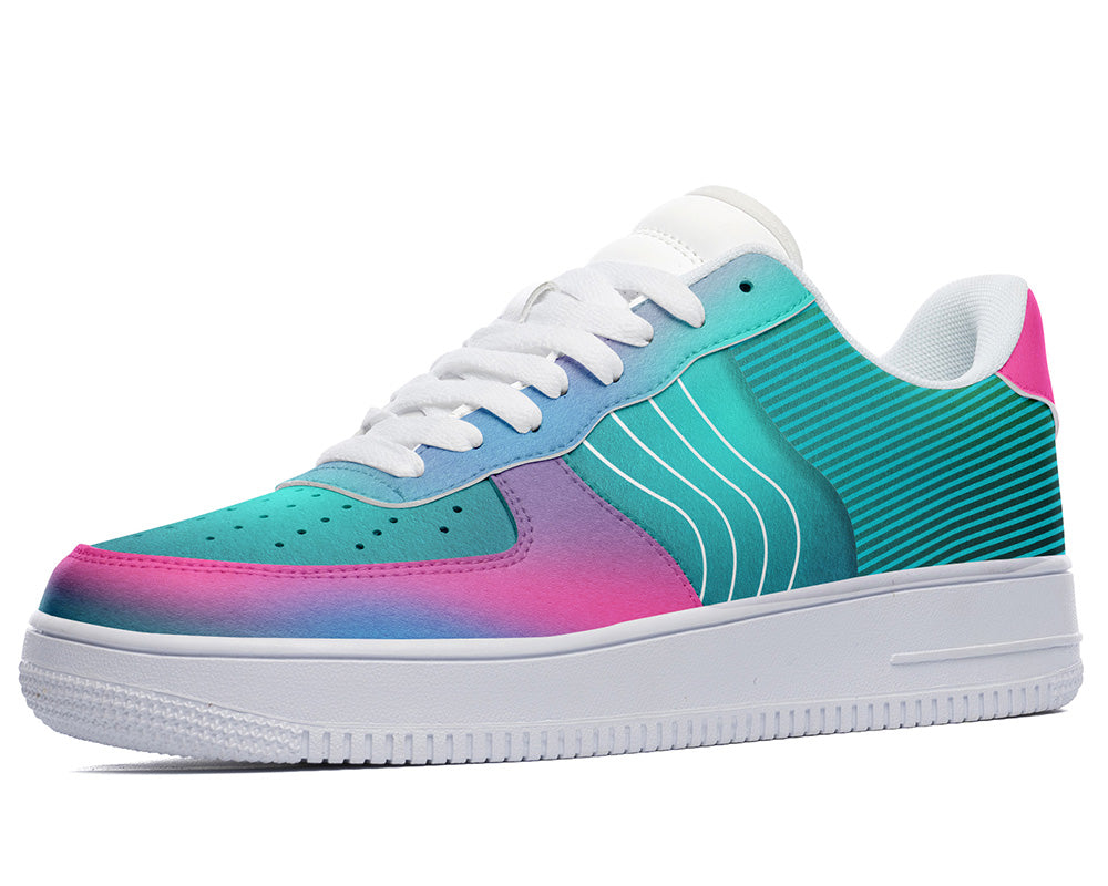 Teal Pink Gradient Sneakers: Abstract Wave Graphic Court Sneakers