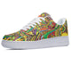 A colorful pattern of squiggles, flowers, and stars in yellow, red, blue, green, and purple cover the upper of this shoe. The white midsole and outsole provide a clean contrast to the vibrant upper.