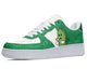 A white sneaker with a green cartoon pickle on the side. The pickle is wearing a white shirt with black sunglasses and has its hands in its pockets. The sneaker has a white sole and white laces.