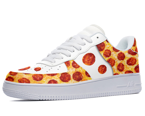 White sneakers with a pizza design.