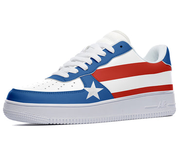 A white, red, and blue sneaker with a star on the side.