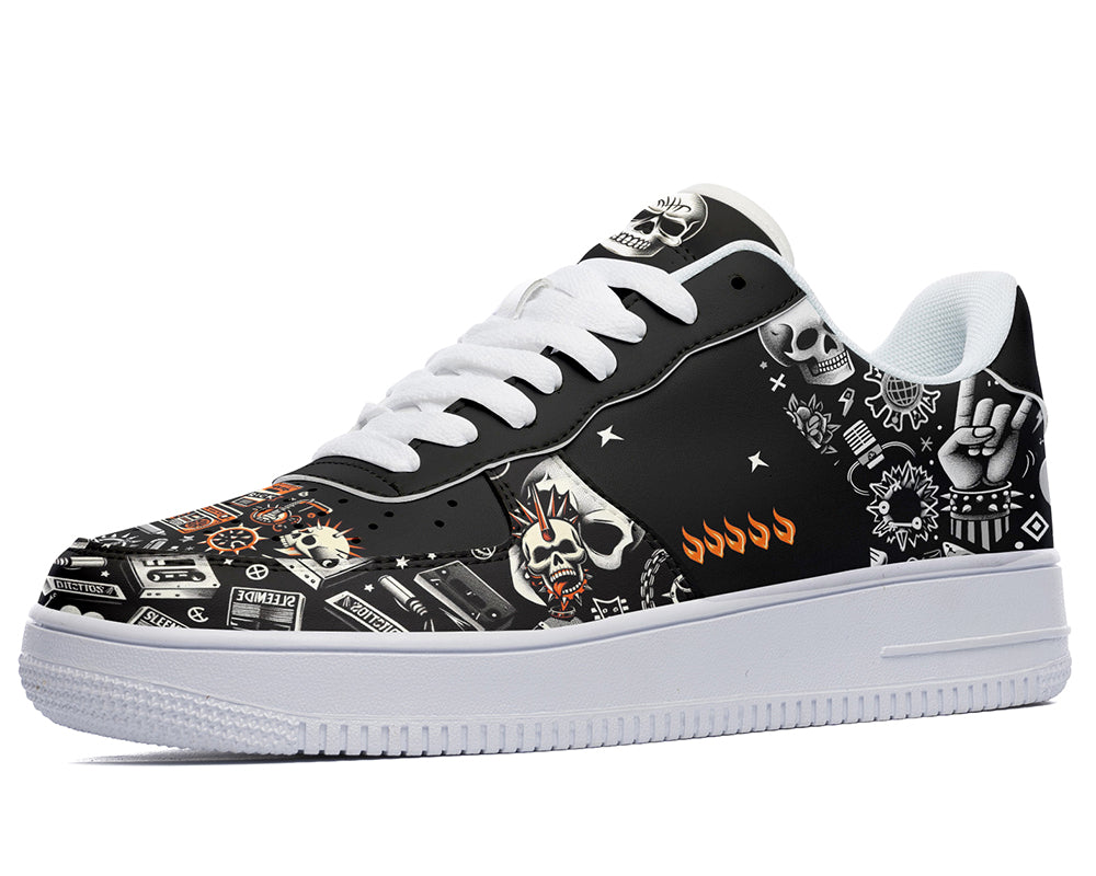 Black and white sneaker with music, skull and flames titled Punk Rock Court Sneakers 