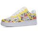 A yellow sneaker with a white sole, white laces, and a colorful pattern of musical items, including headphones, cassette tapes, and boomboxes.