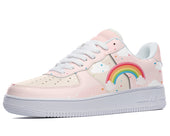 Pink sneakers with a rainbow, clouds, and hearts design. 
