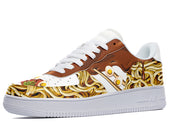 A white sneaker with a design of spaghetti, eggs, and soy sauce on the upper.