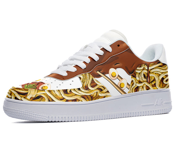 A white sneaker with a design of spaghetti, eggs, and soy sauce on the upper.