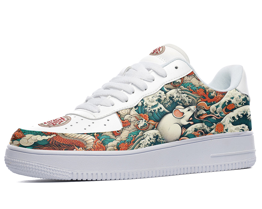 Court sneakers featuring a detailed rat illustration surrounded by ocean waves, clouds, and traditional Asian-inspired artwork in blue, teal, and orange tones.