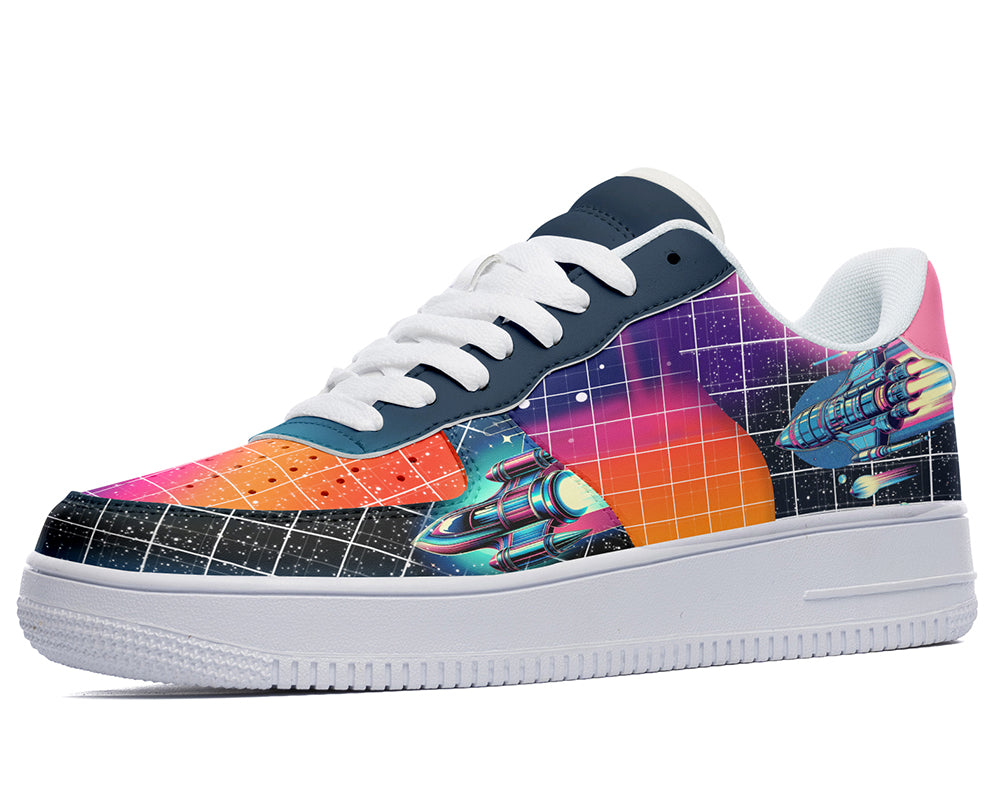 Retro sci-fi sneakers with synthwave space cruiser and wireframe grid graphics on a white court sole.