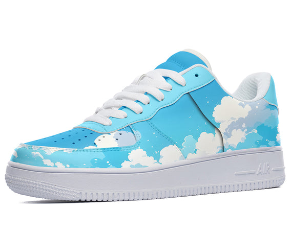 A sky-blue sneaker with a white sole and white laces. The shoe has a design of white clouds on a blue background.