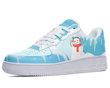 A blue and white sneaker with a snowman on the side. The snowman is wearing a red scarf and a black top hat.