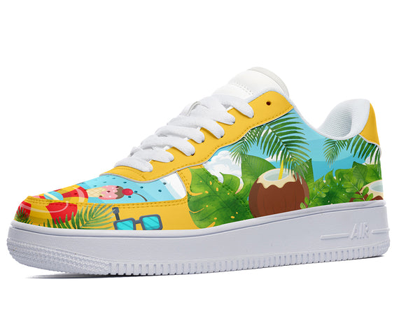 A yellow sneaker with a white sole and laces. The sneaker has a design of palm trees, coconuts, and other tropical elements on the sides.