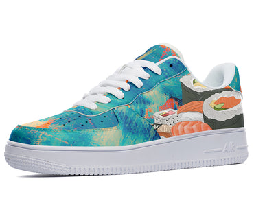 A close-up of a sneaker with a colorful design of sushi on the upper and a white sole.