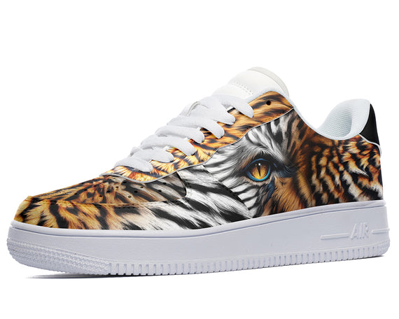 White sneakers with a tiger print design. The design features the tiger's eye and stripes in a realistic style. 