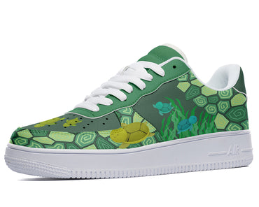 A green sneaker with a pattern of cartoon turtles, fish, and seaweed.