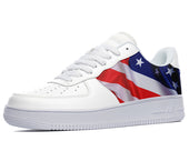 A white sneaker with a red, white, and blue American flag design on the side.