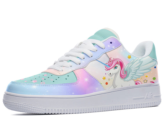 A colorful sneaker with a unicorn design. The unicorn is pink and has a rainbow mane and tail. There are also stars and hearts on the shoe.