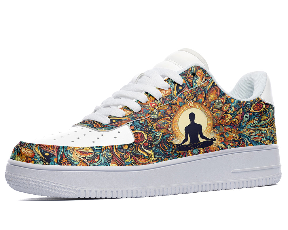 Court sneakers featuring a meditation silhouette surrounded by colorful mandala-inspired artwork and yoga-inspired design elements.