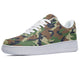 A side view of a sneaker with a green, brown, and black camouflage pattern. The sneaker has a white midsole and white laces.