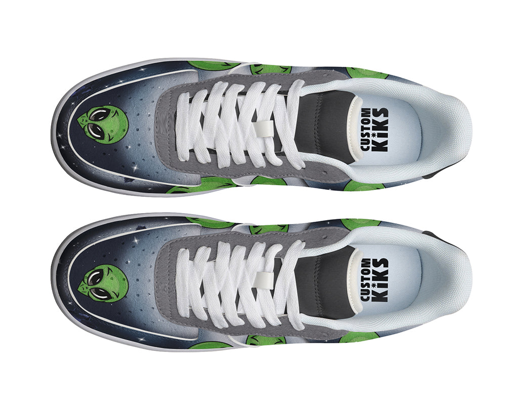 Alien Sneakers: Green Alien Pattern Court Sneakers
