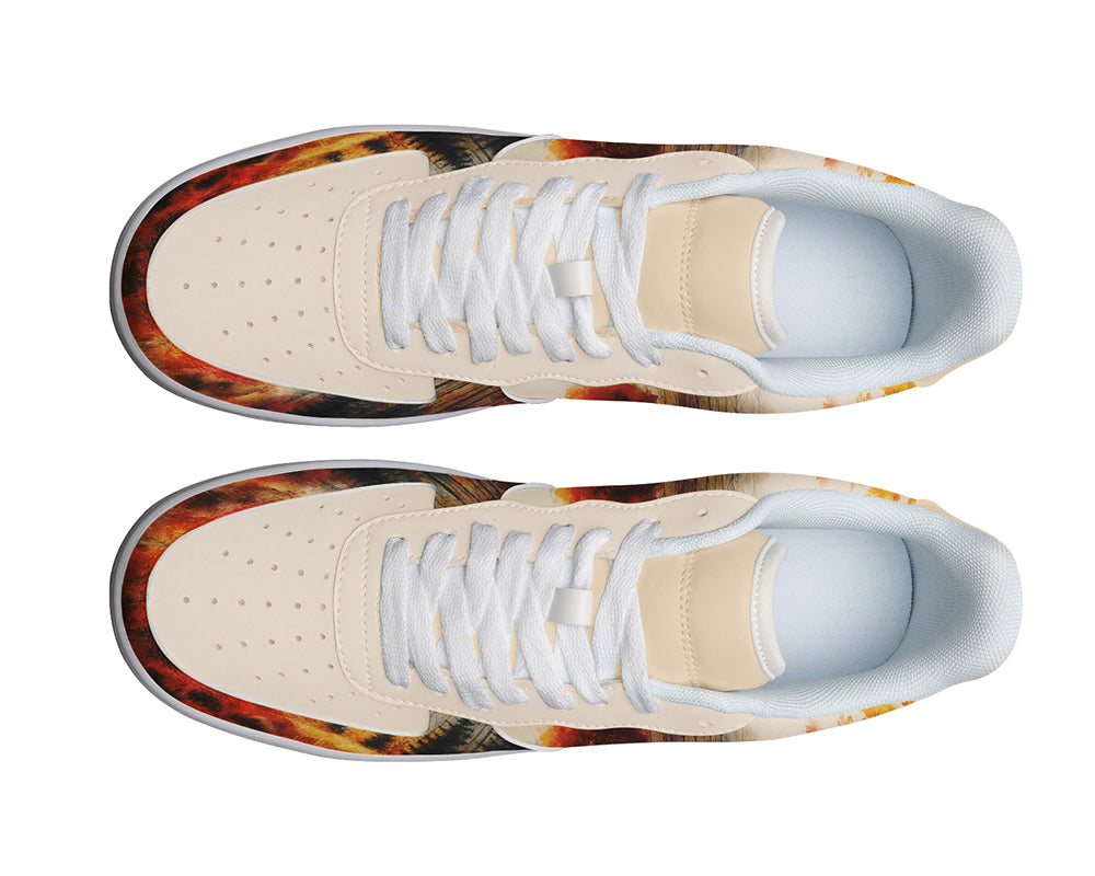 Custom Kiks White sneakers with a watercolor print of an autumn forest scene. 