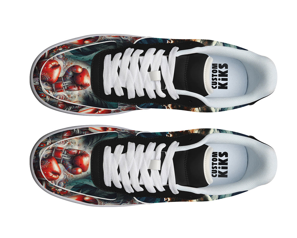 Court sneakers featuring a boxer illustration with red boxing gloves and boxing-inspired artwork.