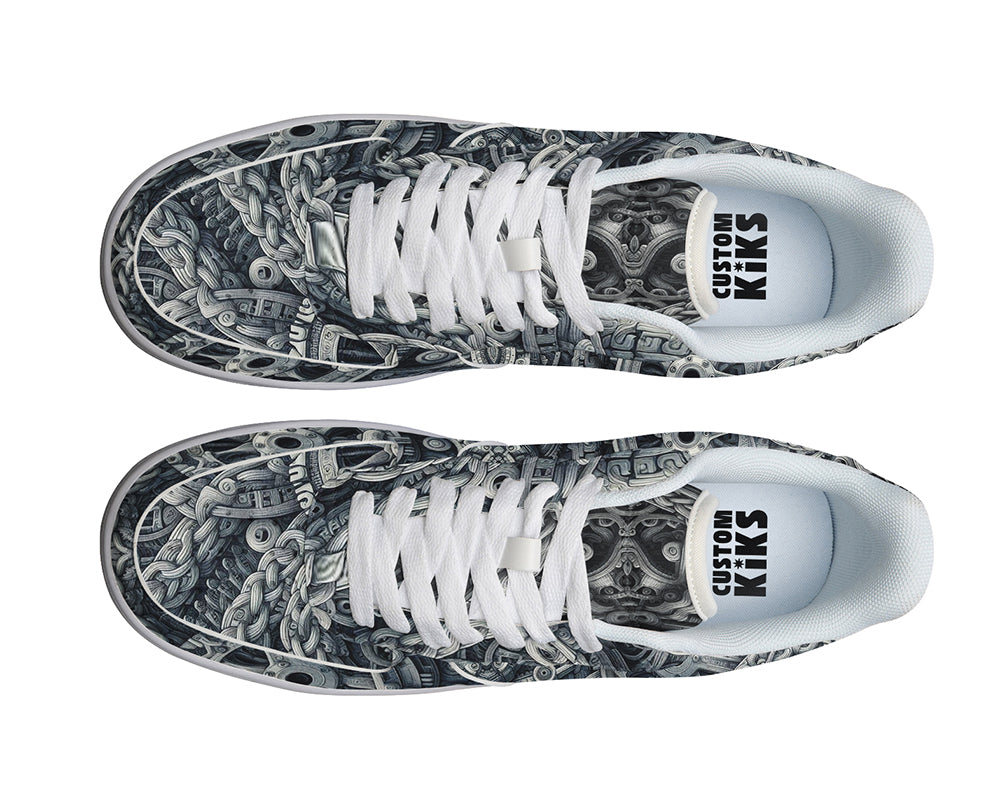 Gear Pattern Court Sneakers featuring intricate mechanical gears, industrial machinery artwork, and metallic steampunk-inspired design details in black, silver, and bronze tones.