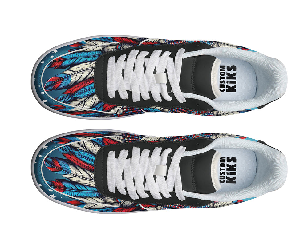 Native American inspired court sneakers featuring tribal heritage artwork with a colorful feather headdress illustration and cultural art details.