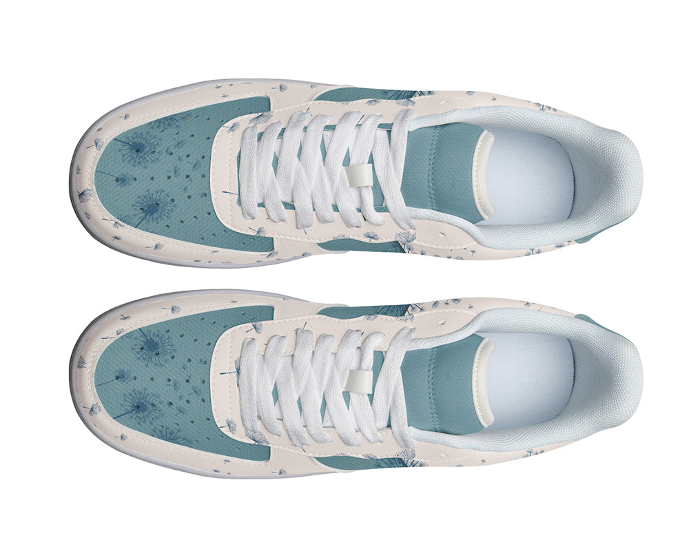 Custom Kiks_white sneaker with a light blue dandelion print