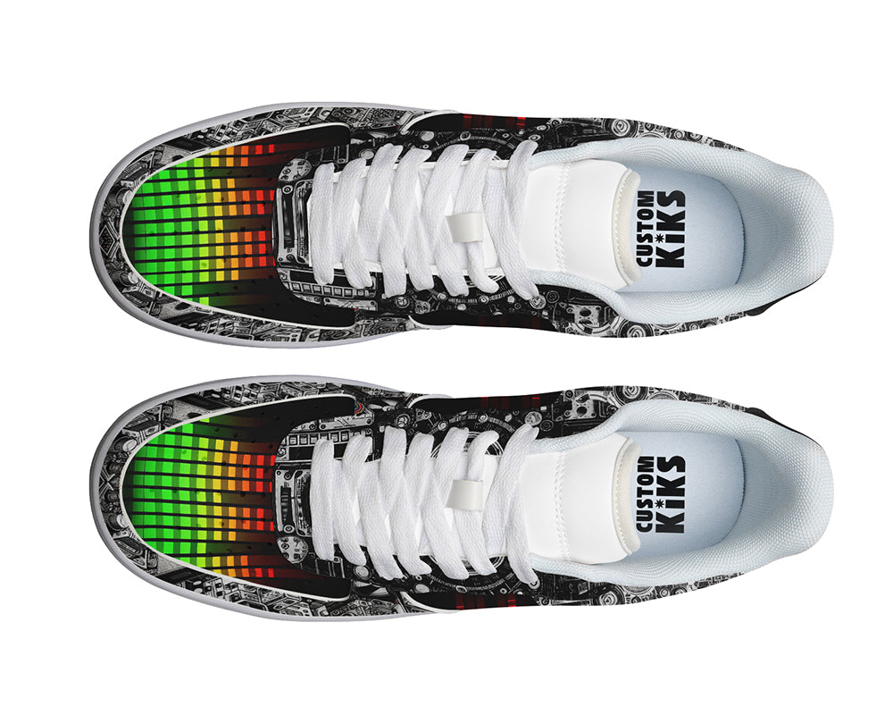 Court sneakers featuring an audio equalizer pattern with vintage music equipment, speakers, and sound system artwork in black, white, red, yellow, and green tones.