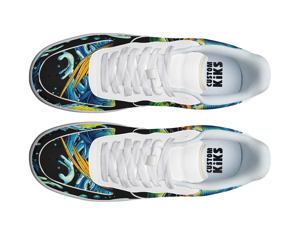 Court sneakers featuring colorful sport fishing artwork with detailed fish illustrations, fishing hook design, and ocean wave graphics.