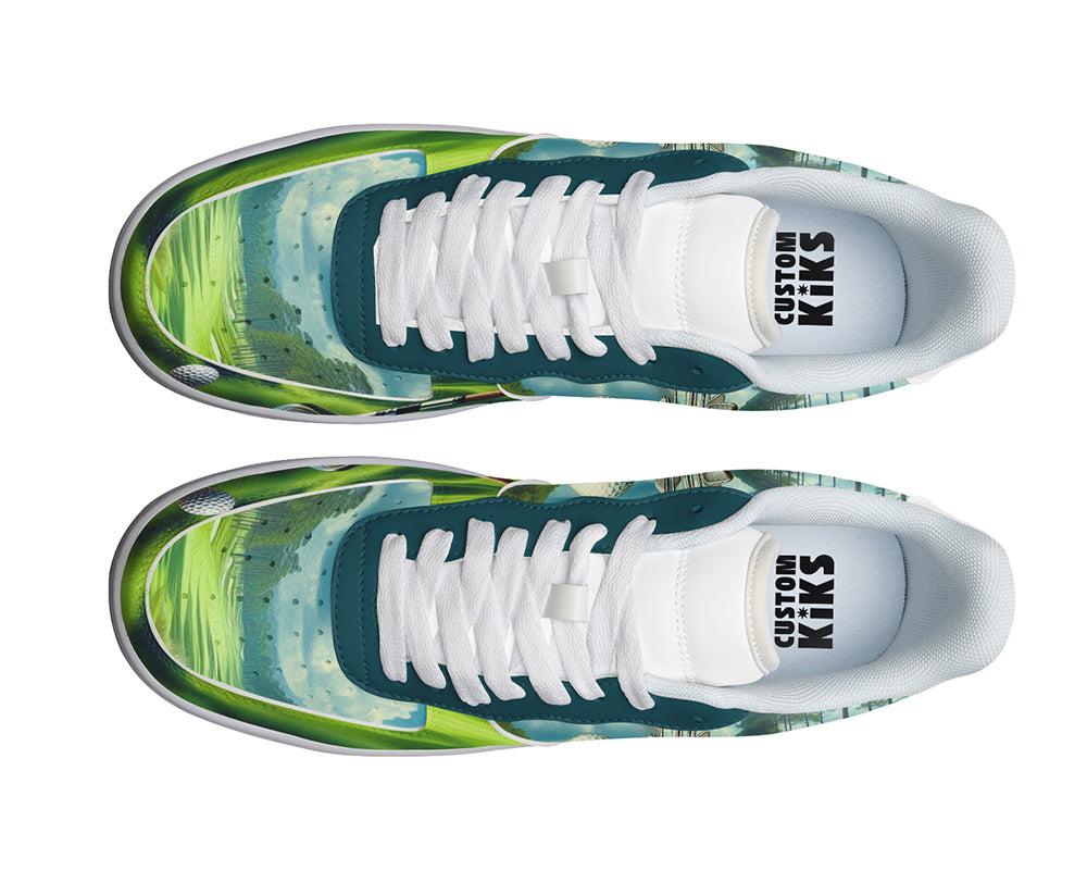 Court sneakers featuring a golf course illustration with golf clubs, golf balls, and fairway-inspired artwork.