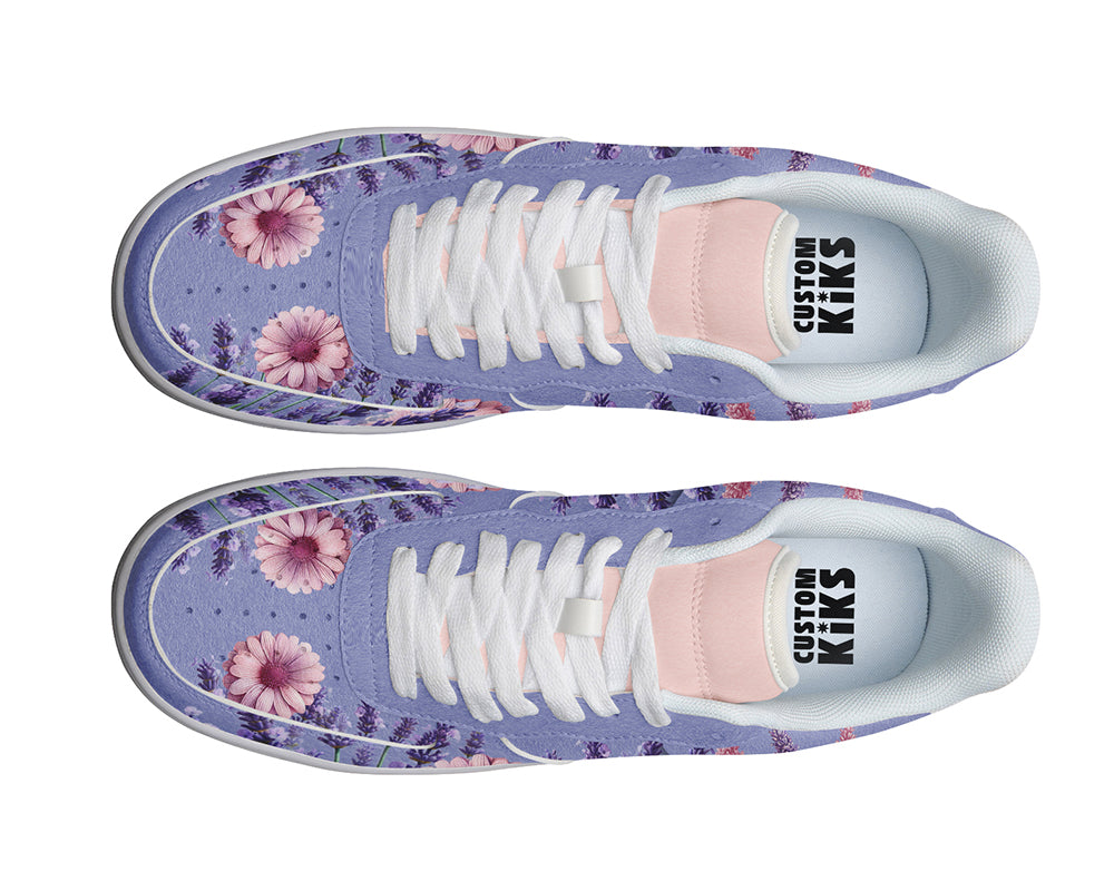 Lavender Sneakers: Lavender Flower Pattern Court Sneakers