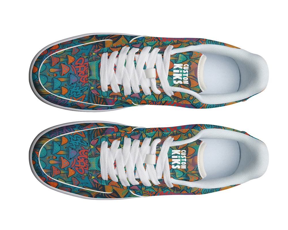 Custom Kiks Woodland Mushroom Sneakers, eye-poppling patterned sneaker on a white sole
