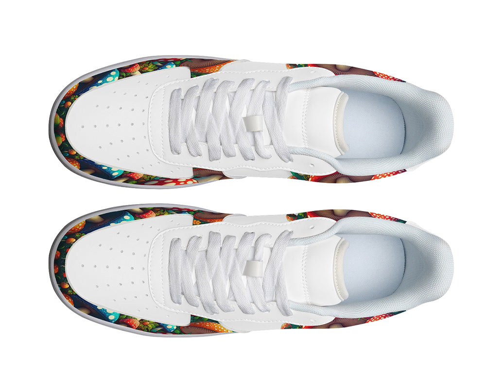 Custom Kicks white sneakers with a colorful wild mushroom design.