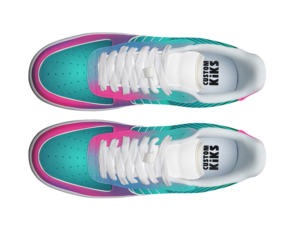 Teal Pink Gradient Sneakers: Abstract Wave Graphic Court Sneakers